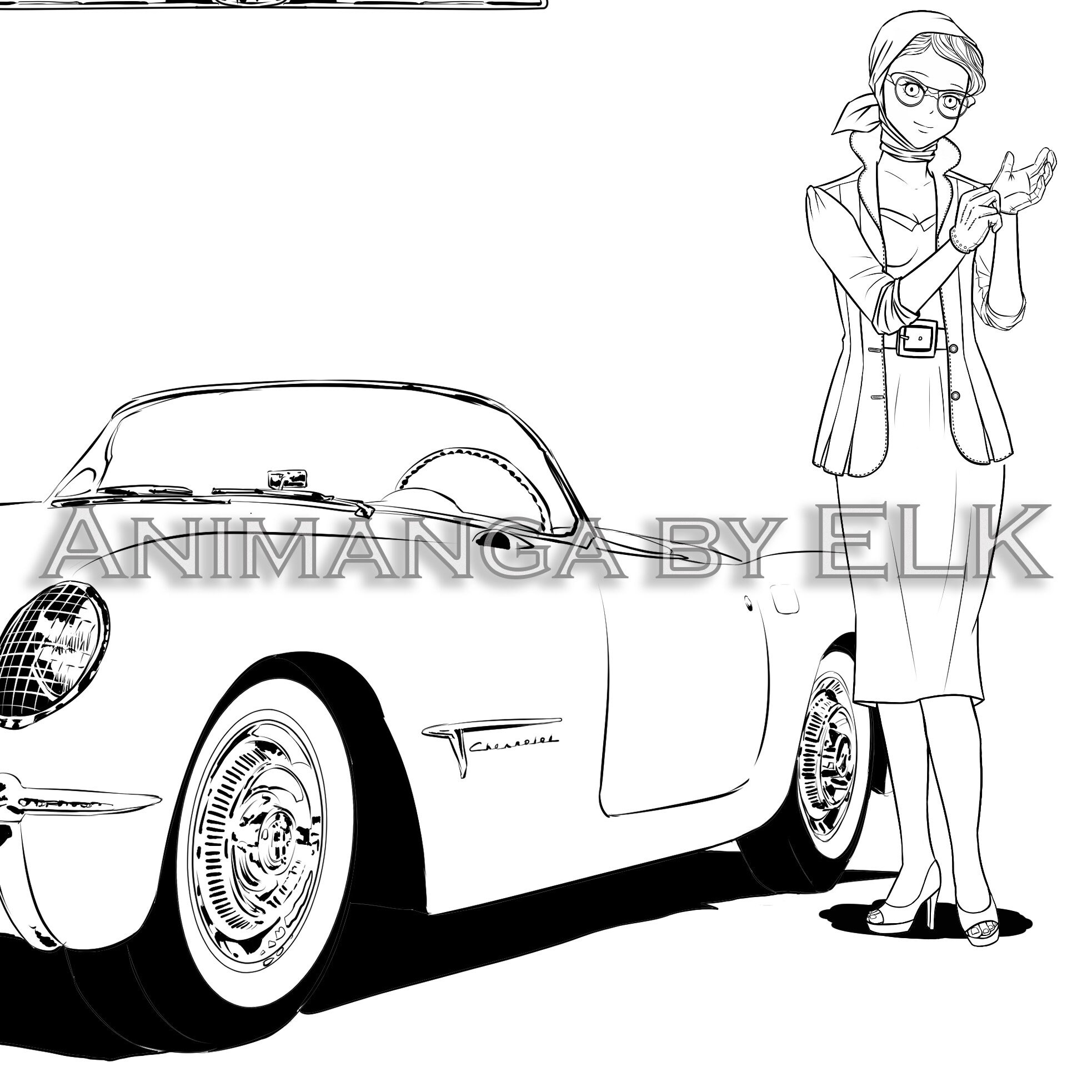 Anime Manga Style Printable Coloring Page, Classic Cars Downloadable