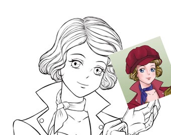 Shoujo manga coloring page, vintage kawaii anime girl, retroanime original gift, PDF download