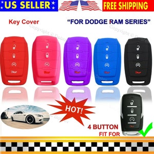 May include: A collection of colorful key fob covers in red, pink, purple, blue, and black. Each cover has four buttons and a horn symbol. The text "FOR DODGE RAM SERIES" is displayed above the covers. The image also includes the text "4 BUTTON FIT FOR".