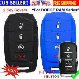 May include: Black and blue key covers for Dodge Ram series vehicles. The covers are designed for 4-button keys and feature a horn symbol. The image also includes a red "HOT!" starburst graphic and text that reads "US SELLER" and "FREE SHIPPING".