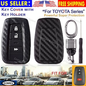May include: Black carbon fiber key cover and key holder for Toyota Series. The key cover has buttons for lock, unlock, trunk, and panic. Includes a key ring, a screwdriver, and a small key fob.
