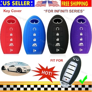 May include: Four silicone key covers in red, blue, black, and purple. Each cover has a series of icons and the word "HOLD". The text "Key Cover" and "FOR INFINITI SERIES" are also visible.