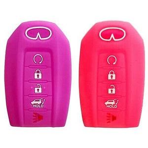 May include: Two silicone car key covers, one magenta and one red. Each cover has a white Infiniti logo at the top, with symbols for lock, unlock, and a car with the word "HOLD" below. The covers are designed to protect car keys.