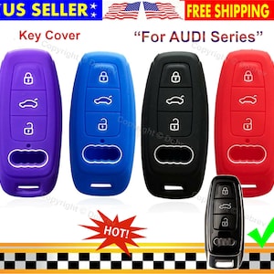 May include: A collection of colorful key covers for Audi vehicles. The covers are shown in purple, blue, black, and red. Each cover has the key symbols for lock, unlock, and trunk release. The image also includes the text "US SELLER" and "FREE SHIPPING".