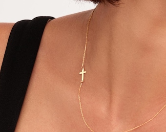 14k Solid Gold Sideways Cross Necklace: Simple Cross Necklace