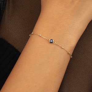 Evil Eye Bead Chain Bracelet in 14K Solid Gold | 14k Gold Evil Eye Bracelets for Women | 14K Gold Bead Chain Bracelets