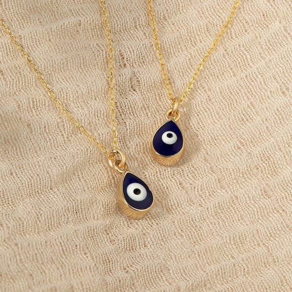 Gold Teardrop Blue Evil Eye Necklace • 14k Solid Gold Evil Eye Necklace • Drop Evil Eye Pendant • Protection Jewelry • Valentine's Day Gift