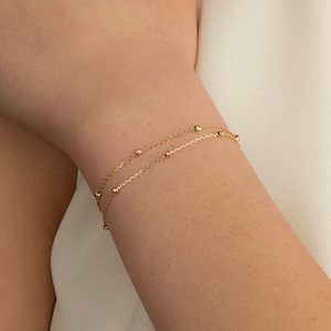 14K Solid Gold Double Chain Beaded Station Bracelet | 14K Real Gold Duo Bead Chain Bracelet | Dainty Bracelets for Women | Gift for Her