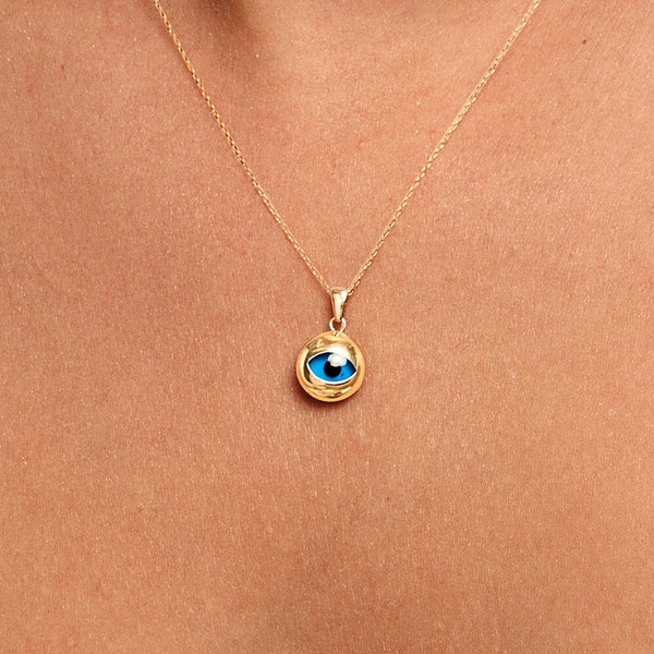 14k Solid Gold Evil Eye Necklace | 14k Gold Round Evil Eye Pendant | Dainty 14k Gold Protection Necklace | Evil Eye Jewelry | Gift for Women