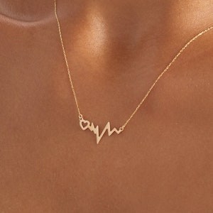 14k Solid Gold Heartbeat Pendant Necklace for Women - 14k Gold EKG Necklace  - 14k Solid Gold Heart Necklace