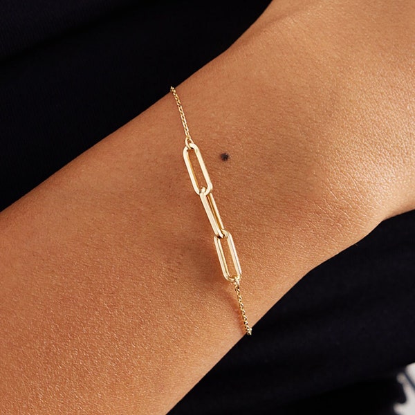 Paperclip Charm Bracelet in 14k Solid Gold for Women - Gold Paperclip Bracelet - Everyday Bracelet - Valentine's Day Gift for Women