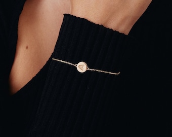 14K Solid Gold Custom Disc Initial Bracelet | 14K Real Gold Letter Circle Bracelet | Personalized Jewelry for Women | Dainty Custom Gifts