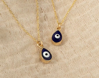 Gold Teardrop Blue Evil Eye Necklace • 14k Solid Gold Evil Eye Necklace • Drop Evil Eye Pendant • Protection Jewelry • Valentine's Day Gift