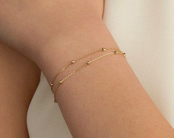 14K Solid Gold Double Chain Beaded Station Bracelet | 14K Real Gold Duo Bead Chain Bracelet | Dainty Bracelets for Women | Gift for Her