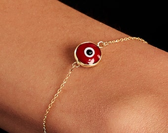 14K Gold Red Evil Eye Bracelet • Protection Charm Bracelet • Evil Eye Link Bracelet • Red Evil Eye Charm • Valentine's Day Gift for Women