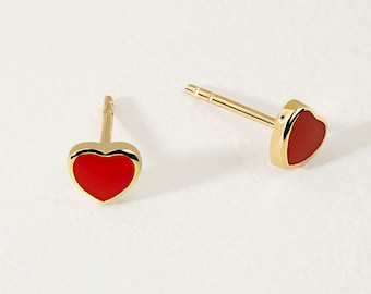 14K Solid Gold Mini Red Heart Stud Earrings | 14K Gold Cute Stud Earrings | Heart Earrings | Dainty Gold Jewelry for Women | Gift for Her