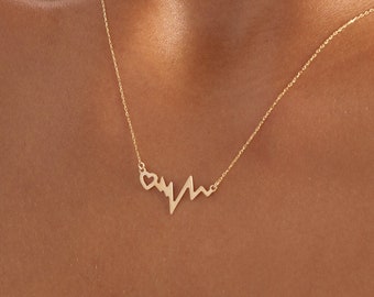 14k Solid Gold Heartbeat Pendant Necklace for Women - 14k Gold EKG Necklace  - 14k Solid Gold Heart Necklace