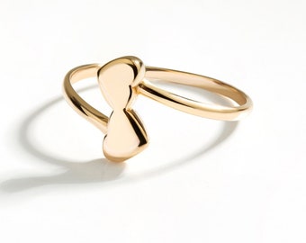 14k Solid Gold Double Hearts Ring • Love Ring • Double Heart Shaped Ring • Stackable Two Hearts Ring • Valentine's Day Gift for Women