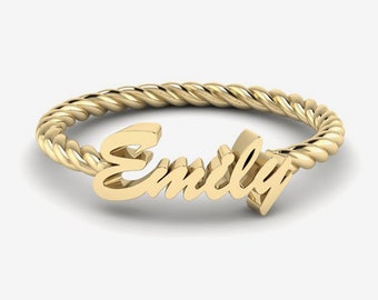 14K Solid Gold Twisted Band Name Ring | 14K Real Gold Rope Band Name Ring | Personalized Jewelry for Women | Dainty Rings | Gift for Her