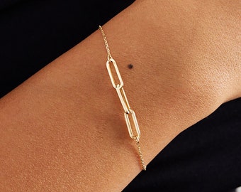 Paperclip Charm Bracelet in 14k Solid Gold for Women - Gold Paperclip Bracelet - Everyday Bracelet - Valentine's Day Gift for Women