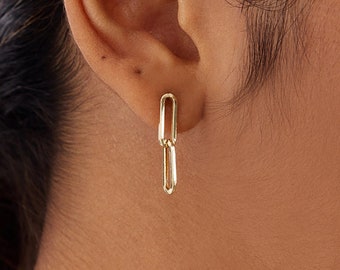 Dangle Paperclip Earrings in 14k Solid Gold for Women - Drop Double Paperclip Earrings - Everyday Earrings - Valentine's Day Gift for Women