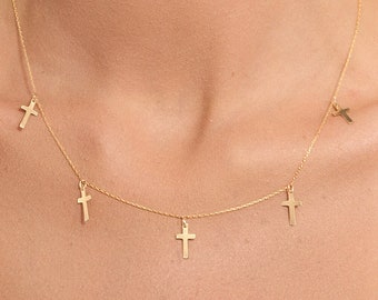 Multi Cross Station Necklace in 14k Real Gold for Women - Faith Cross Station Necklace - Christian Necklace- Religious Jewelry -Gift for Mom