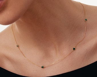 14K Solid Gold Emerald Station Necklace | Dainty May Birthstone Necklace for Women | Bezel Gemstone Necklace | 14K Real Gold Emerald Jewelry