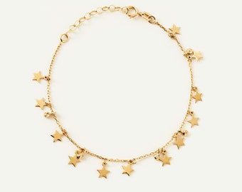 14K Solid Gold Star Charm Bracelet for Women | Dainty Diamond Bezel Bracelet | Star Station Bracelet | 14K Real Gold Jewelry | Gift for Her