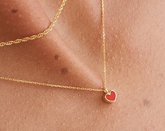 14k Solid Gold Red Heart Necklace |  14k Gold Love Pendant Necklace | 14k Solid Yellow or White Gold Necklace | Gift for Her