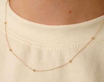 14k Solid Gold Bead Station Necklace - 14k Bead Balls Pendant Necklace - Round Beads Necklace - 14k Real Gold Station Necklaces for Women