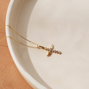 14k Solid Gold Angel Wing Cross Necklace Guardian Angel Charm Necklace ...