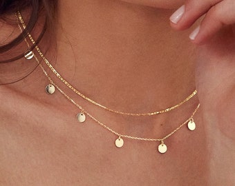 14k Solid Gold Station Choker Necklace - 14k Gold Multi Discs Necklace - 14k Real Gold Multi Circles Necklaces for Women