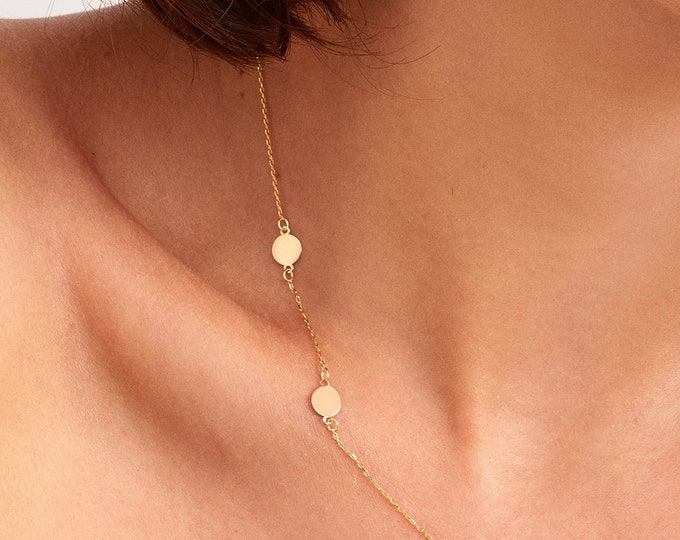 Sideway Double Coin Necklace in 14k Real Gold for Women - Round Necklace - Two Circle Pendant Necklace - Valentine's Day Gift for Women