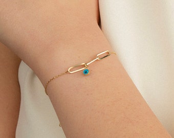 14K Solid Gold Evil Eye Charm Bracelet | 14K Real Gold Protection Bracelet | Dainty Real Gold Jewelry for Women | Gift for Her