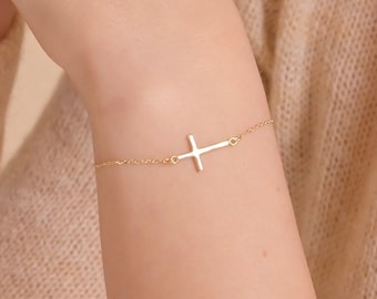 Sideway Cross Bracelet in 14k Solid Gold  - Horizontal Cross Charm - Religious Charm Jewelry - Real Gold Bracelets - Fine Jewelry for Women