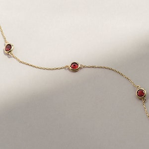 14K Solid Gold Ruby Station Bracelet: July Birthstone Charm