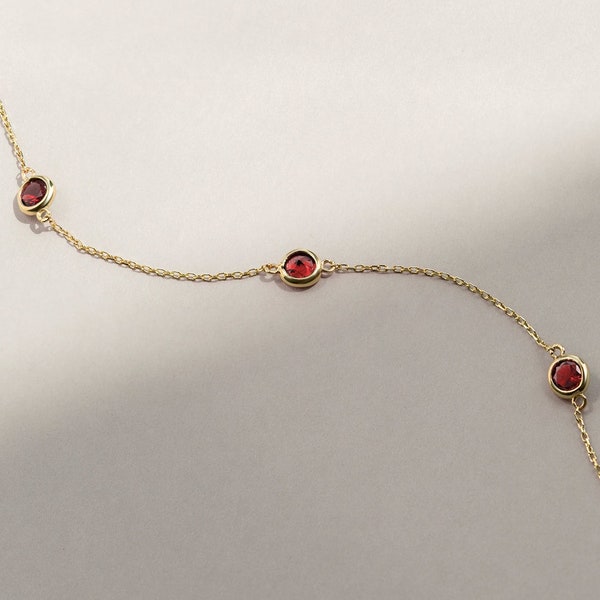 14K Solid Gold Ruby Station Bracelet • July Birthstone Bracelet • Red Gemstone Charm • Natural Ruby Bracelet •Valentine's Day Gift for Women