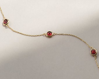 14K Solid Gold Ruby Station Bracelet • July Birthstone Bracelet • Red Gemstone Charm • Natural Ruby Bracelet •Valentine's Day Gift for Women