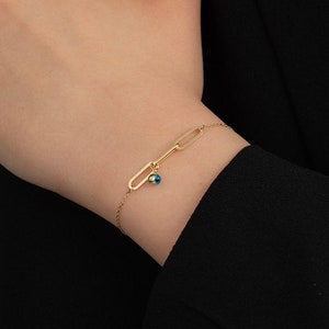14K Solid Gold Evil Eye Charm Bracelet 14K Real Gold Protection Bracelet Dainty Real Gold Jewelry for Women Gift for Her image 4