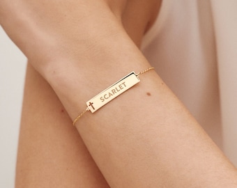 14K Solid Gold Personalized Engraved Bar Bracelet | Cross Pierced Bar Bracelet for Women | Dainty 14K Real Gold Jewelry | Custom Gift