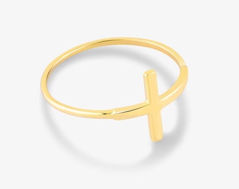 14k Solid Gold Sideway Cross Ring for Women - Real Gold Cross Ring - Valentine's Day Gift for Women - Classic Crucifix Cross Ring