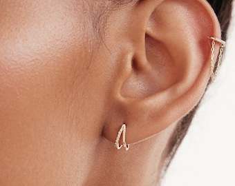 14K Solid Gold Diamond Huggie Earrings: Chevron V Design