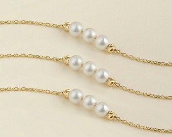 14k Real Gold Three Pearls Bracelet for Women - Bead Balls and Majorica Pearls Charm Bracelet - 14k Gold Bracelet - Birthday Gift for Her