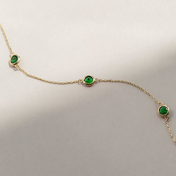 Dainty Emerald Station Bracelet for Women in 14k Solid Gold - May Birthstone  Bracelet - Emerald Gemstone Jewelry - Bezel Station Bracelet