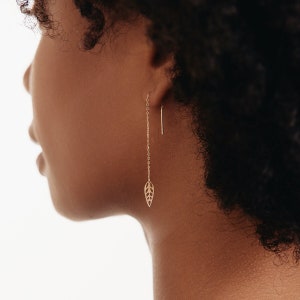 14K Solid Gold Leaf Threader Earrings for Women | Skinny Leaf Dangle Earrings | Feather Earrings | 14K Real Gold Jewelry | Gift for Her