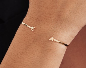 Initial Cuff Bracelet in 14K Solid Gold | Initial Open Bangle for Women | Letter Cuff Bangle | 14k Yellow Gold Bracelets | Custom Gifts