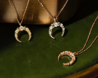 14k Gold Halbmond Mond Halskette - 14k Mondphasen Anhänger Halskette - 14k Gelb, Rose oder Weißgold Halskette für Frauen - Mond Halskette
