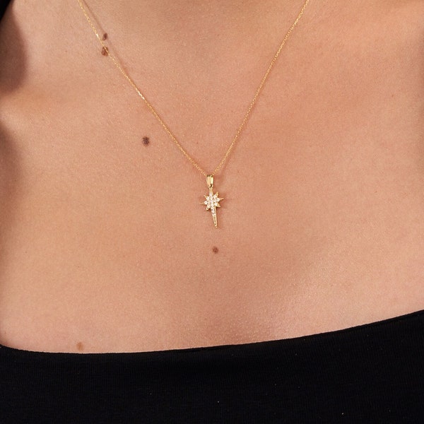 14k Solid Gold North Star Pendant Necklace in 14k Solid Gold - Star and Moon Jewelry for Women - Small Star Necklace - Celestial Necklace