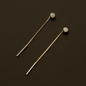 14k Gold Solitaire Threader Earrings - Drop Chain Earrings - Bezel Solitaire Earrings - 14k Solid Yellow or White Gold Earrings for Women