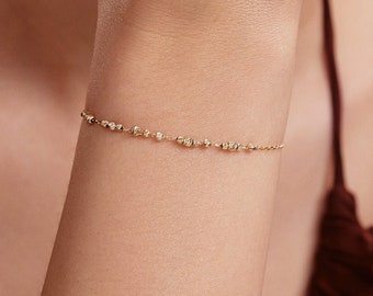 Diamond Bead Station Bracelet in 14K Solid Gold | Ball Beaded Chain Bracelet with Bezel Diamond | 14K Gold Bracelets for Women